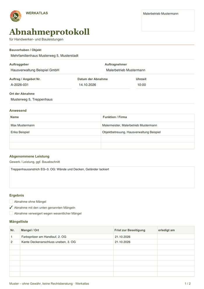 Abnahmeprotokoll Seite 1, ausgefülltes Beispiel