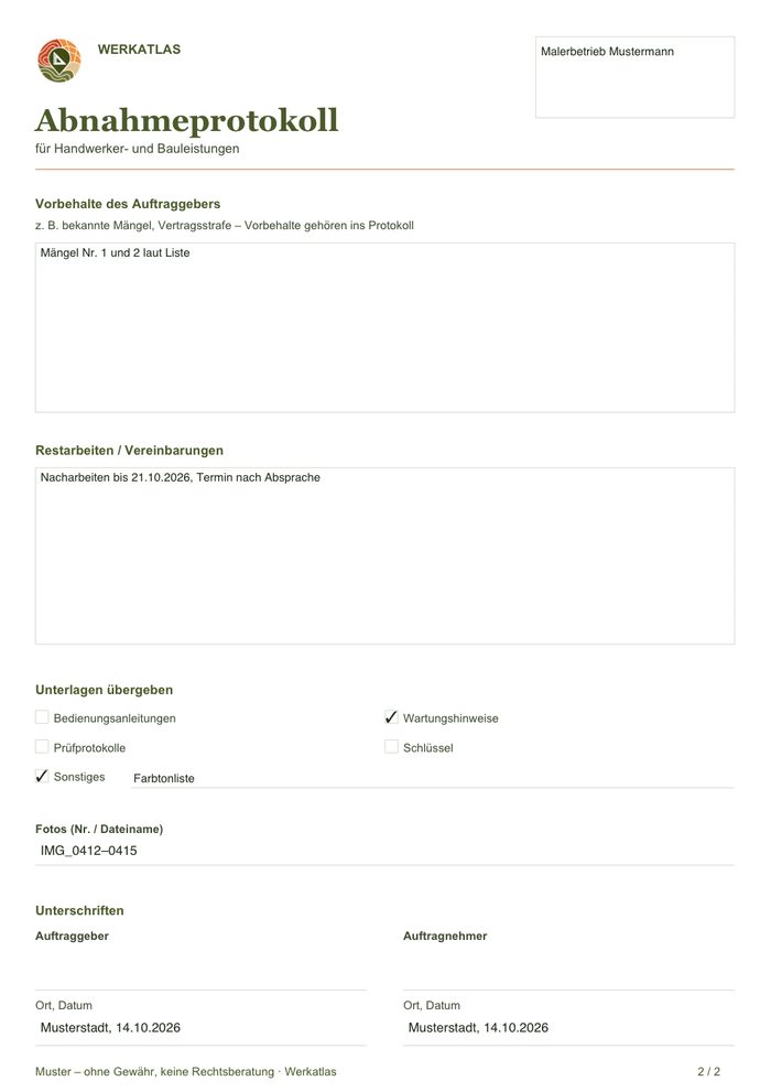 Abnahmeprotokoll Seite 2, ausgefülltes Beispiel