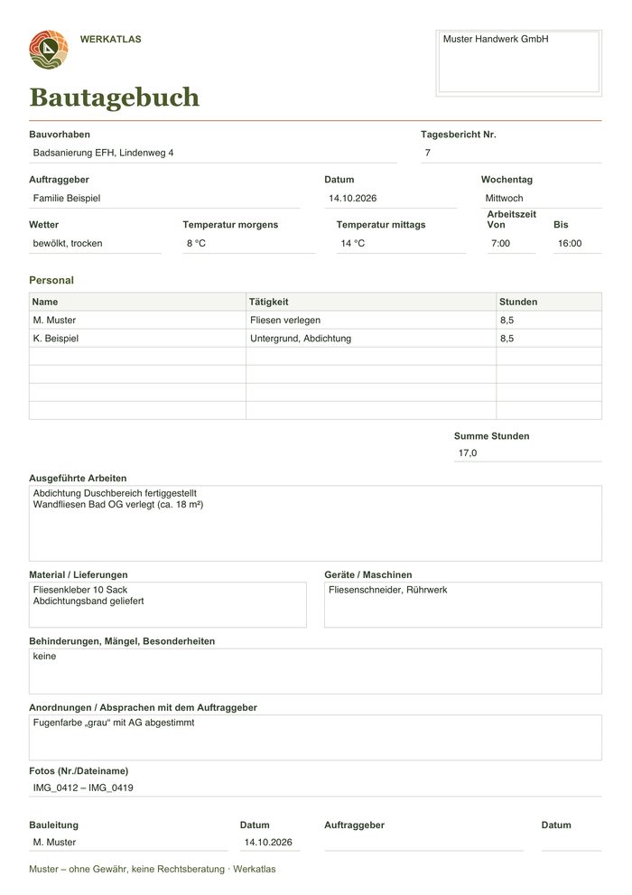 Bautagebuch-Vorlage, ausgefülltes Beispiel