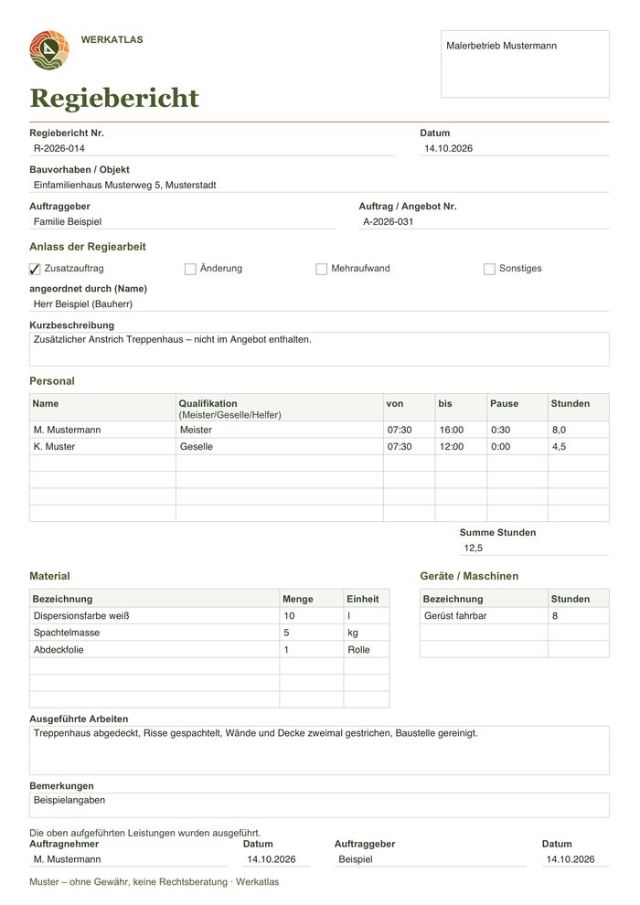 Regiebericht-Vorlage, ausgefülltes Beispiel