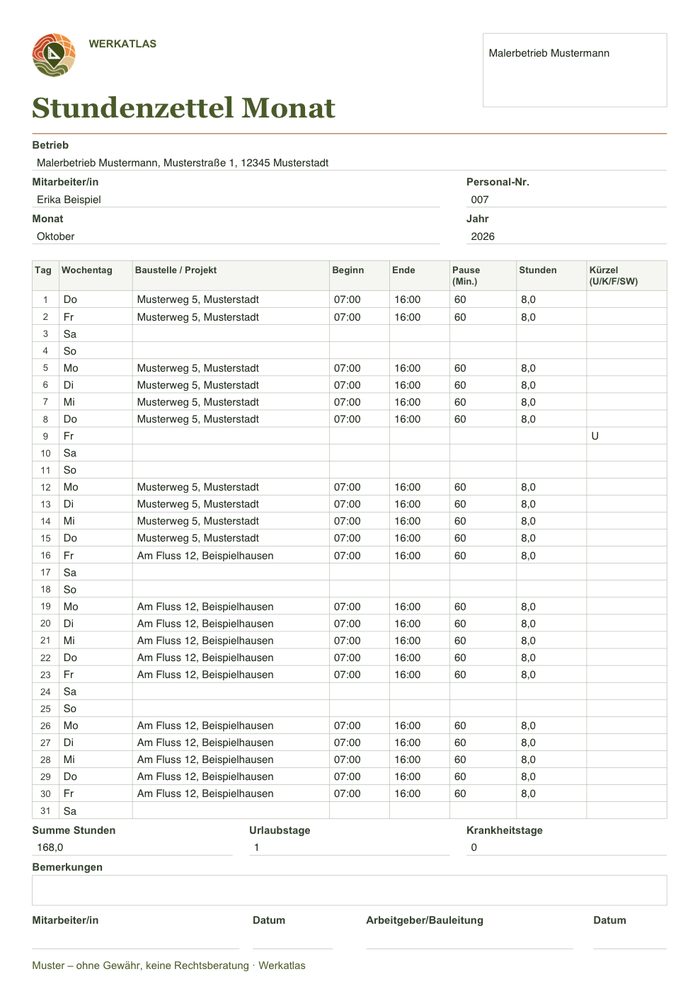 Stundenzettel Monat, ausgefülltes Beispiel