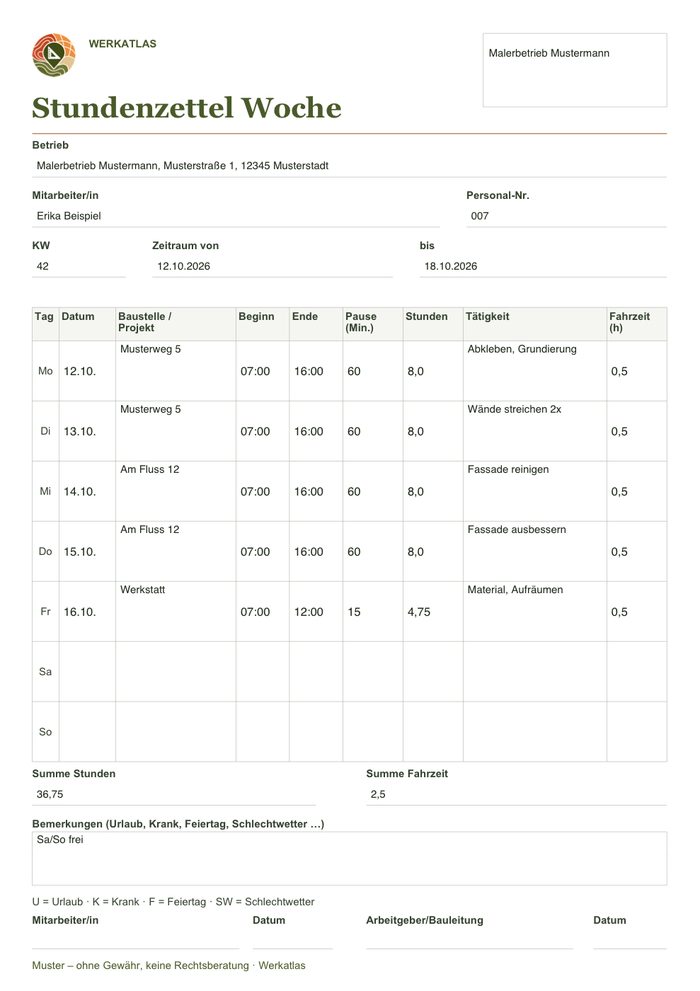 Stundenzettel Woche, ausgefülltes Beispiel